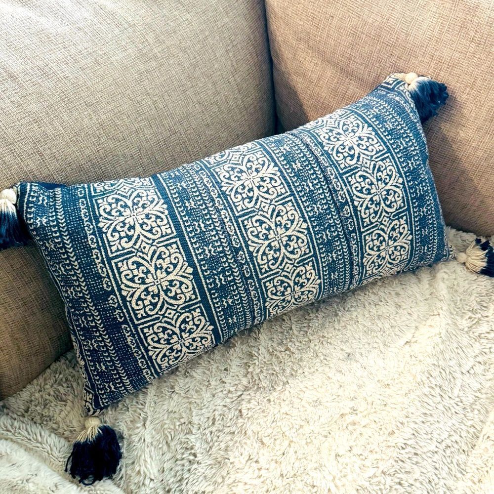 Envogue Navy Blue Boho Textured Print Tassel Throw Pillow